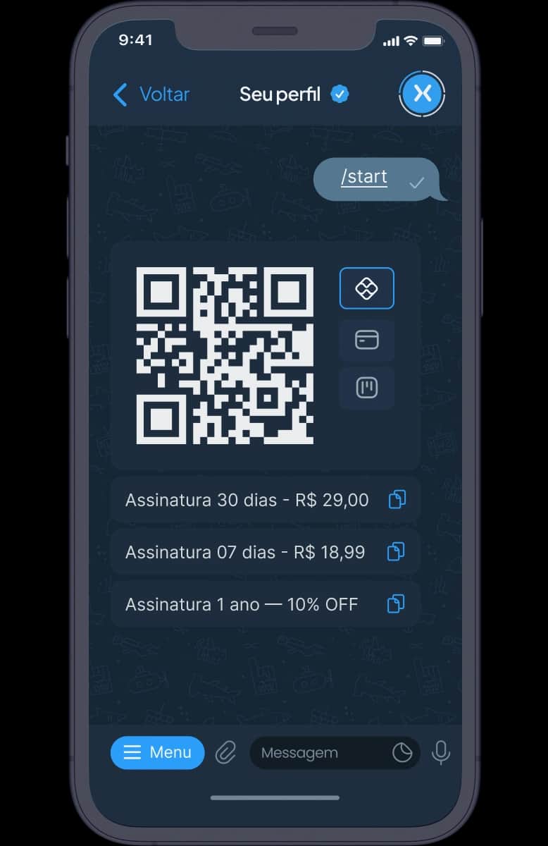 Ilustração de bot no Telegram com opções de assinatura