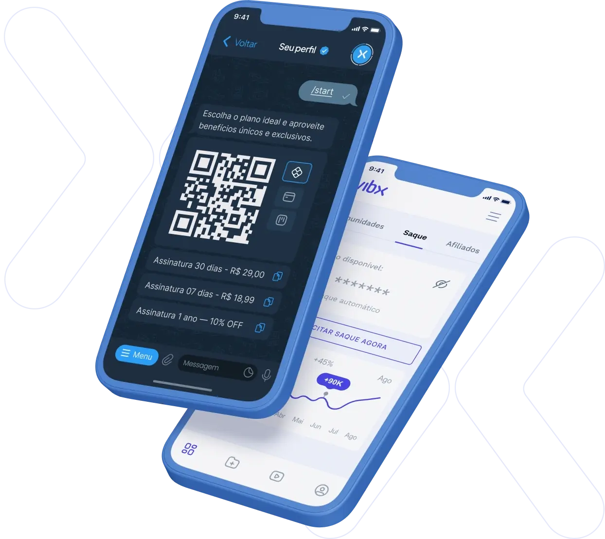 Ilustração Vibx mostrando o dashboard da plataforma e bot no Telegram com opções de planos para contratação